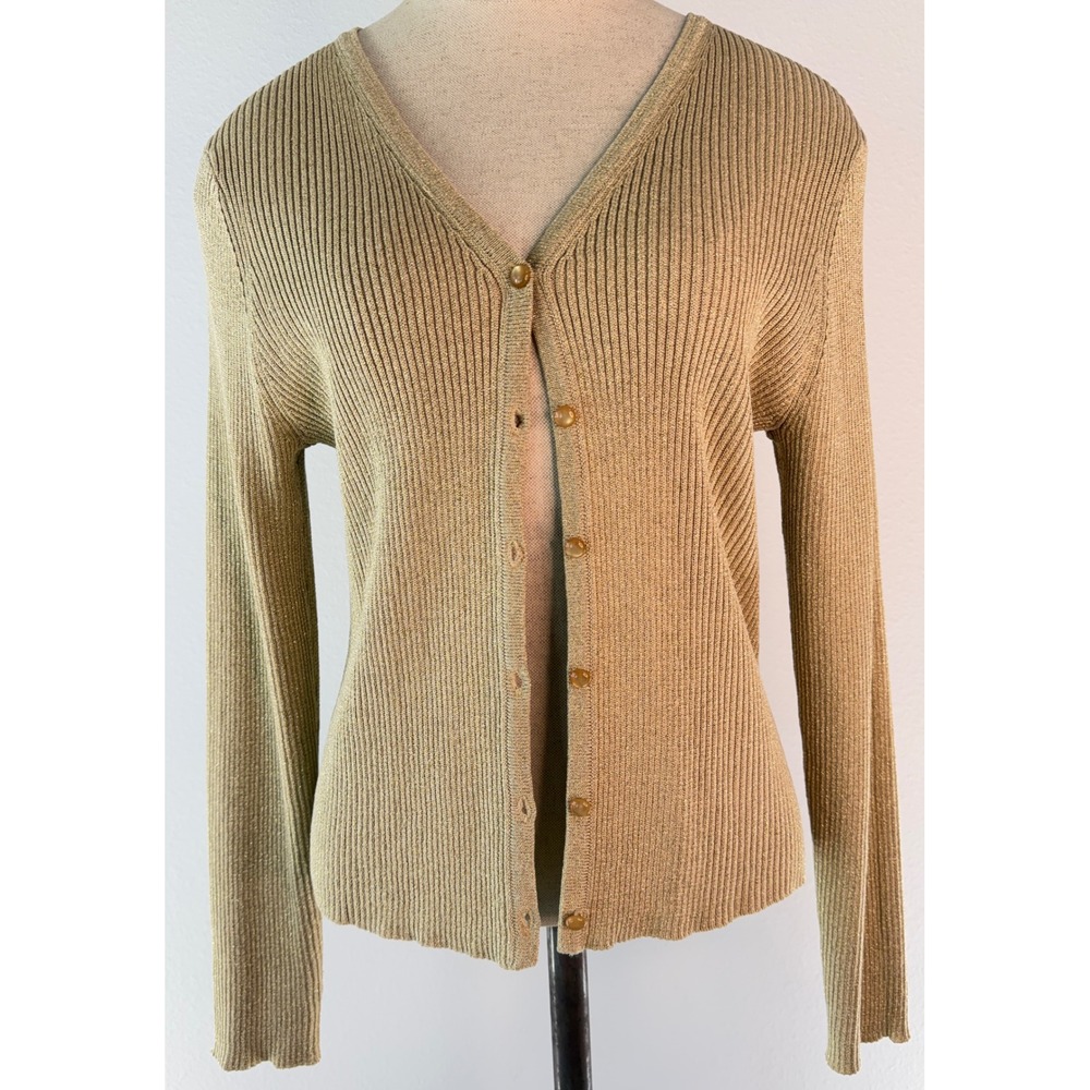 Vintage 90s Y2K City Silk Metallic Gold Sweater Cardigan 75% Silk Ribbed Knit PM